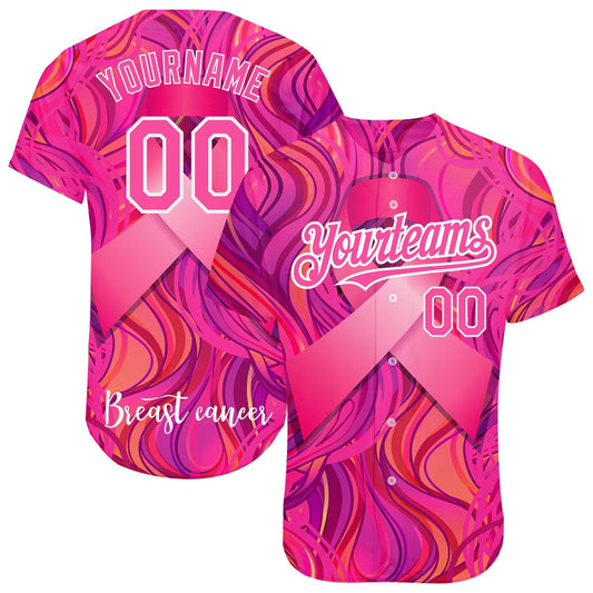 American Baseball Jersey, Custom Pink White 3D Pink Ribbon Breast Cancer Awareness Month Women Health Care Support Authentic Baseball Jersey