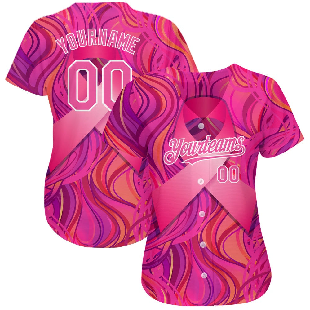 American Baseball Jersey, Custom Pink White 3D Pink Ribbon Breast