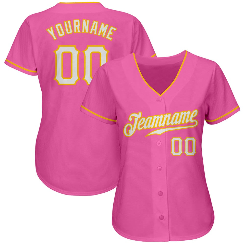 American Baseball Jersey, Custom Pink White Gold Authentic Baseball Jersey, Baseball Jersey Name