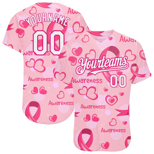 American Baseball Jersey, Custom Pink White Hot Pink 3D Pink Ribbon Breast Cancer Awareness Month Women Health Care Support Authentic Baseball Jersey