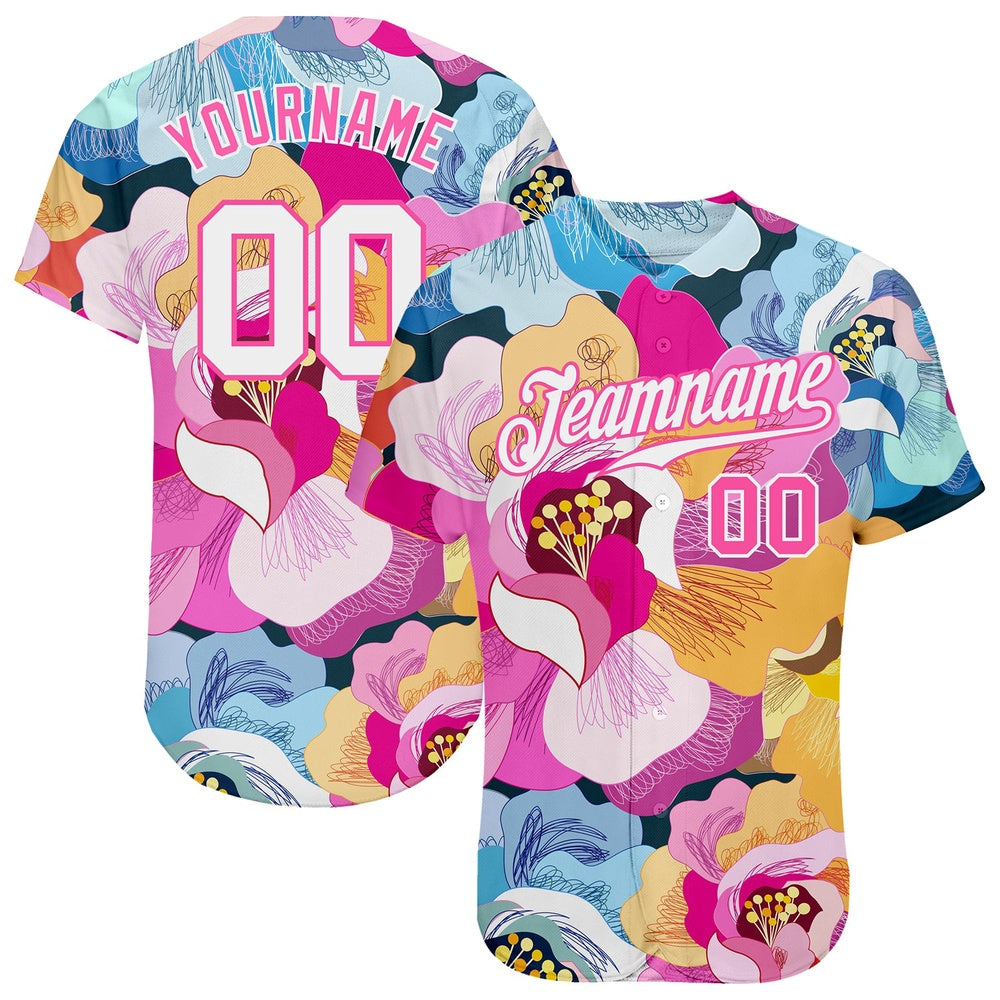 American Baseball Jersey, Custom Pink White Pink 3D Pattern Design Flowers Authentic Baseball Jersey, Baseball Jersey Name