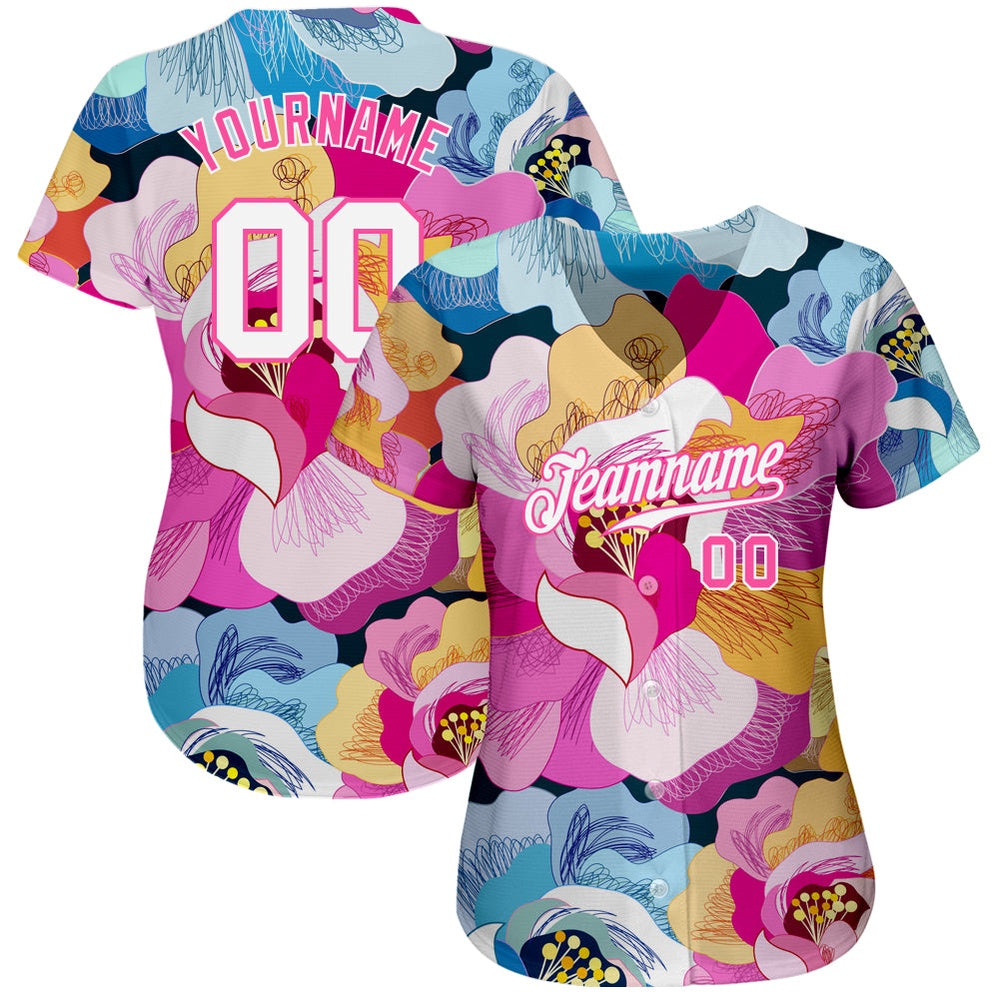 American Baseball Jersey, Custom Pink White Pink 3D Pattern Design Flowers Authentic Baseball Jersey, Baseball Jersey Name