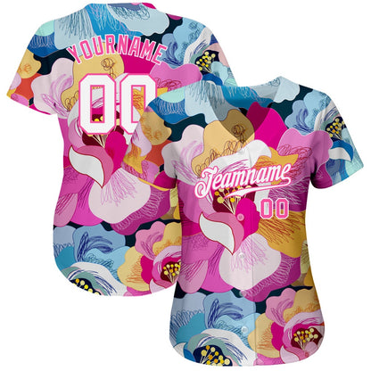 American Baseball Jersey, Custom Pink White Pink 3D Pattern Design Flowers Authentic Baseball Jersey, Baseball Jersey Name