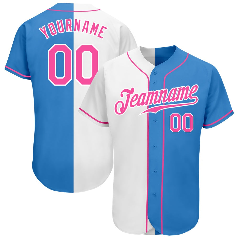 American Baseball Jersey, Custom Powder Blue Pink White Authentic Split Fashion Baseball Jersey, Baseball Jersey Name