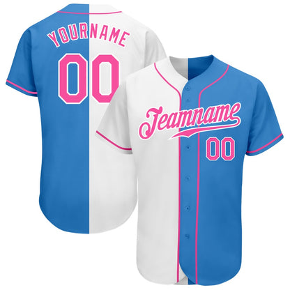 American Baseball Jersey, Custom Powder Blue Pink White Authentic Split Fashion Baseball Jersey, Baseball Jersey Name