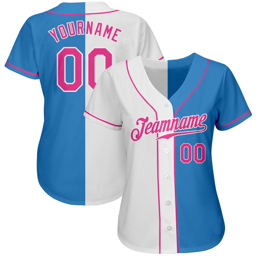 American Baseball Jersey, Custom Powder Blue Pink White Authentic Split Fashion Baseball Jersey, Baseball Jersey Name