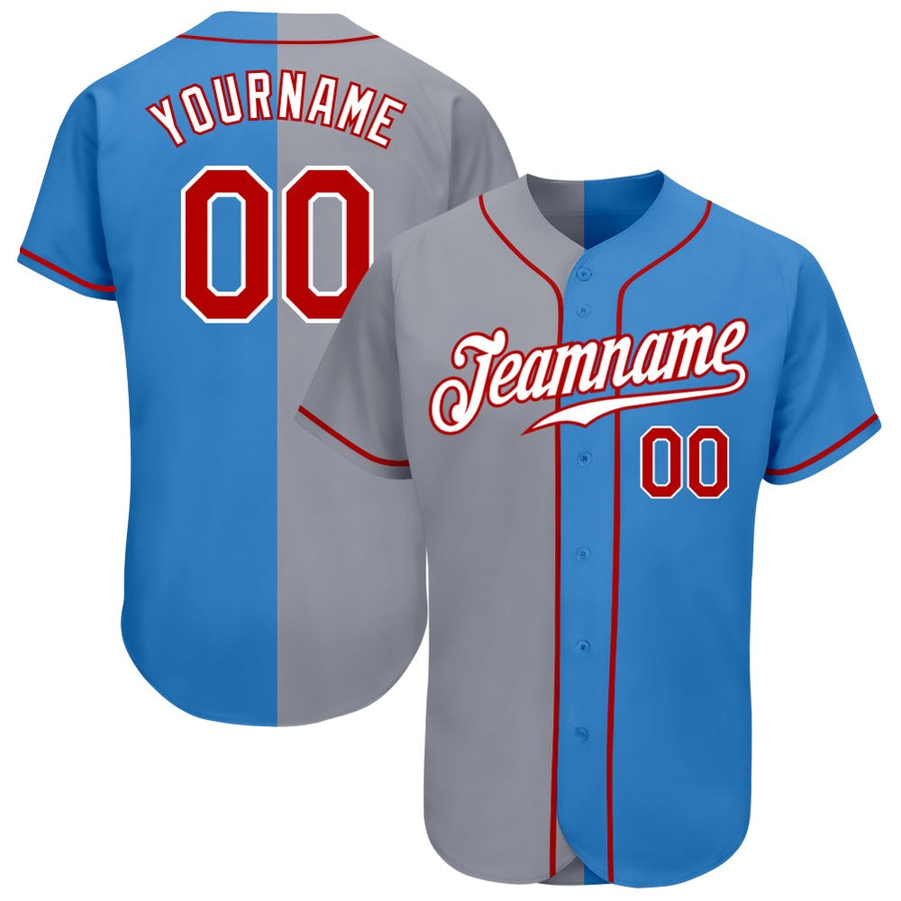 American Baseball Jersey, Custom Powder Blue Red Gray Authentic Split Fashion Baseball Jersey, Baseball Jersey Name