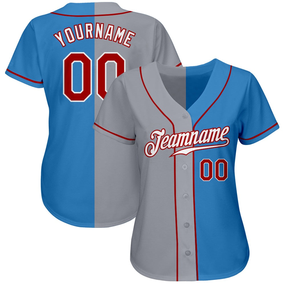 American Baseball Jersey, Custom Powder Blue Red Gray Authentic Split Fashion Baseball Jersey, Baseball Jersey Name