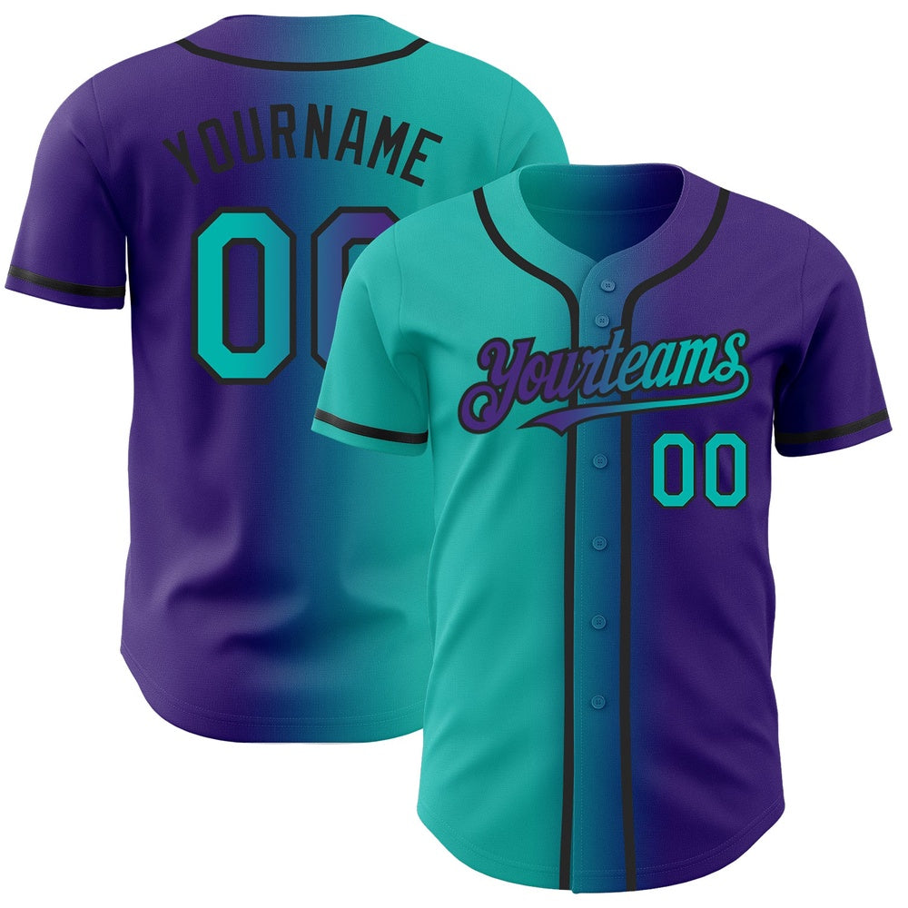 American Baseball Jersey, Custom Purple Aqua Black Authentic Gradient Fashion Baseball Jersey, Baseball Jersey Name