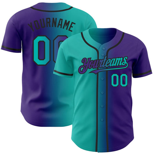 American Baseball Jersey, Custom Purple Aqua Black Authentic Gradient Fashion Baseball Jersey, Baseball Jersey Name