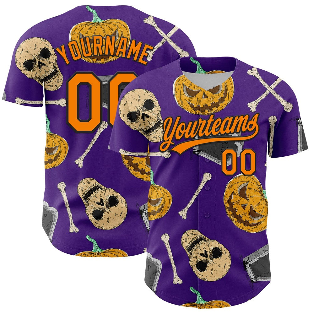 American Baseball Jersey, Custom Purple Bay Orange Black 3D Pattern Halloween Skull Authentic Baseball Jersey, Baseball Jersey Name