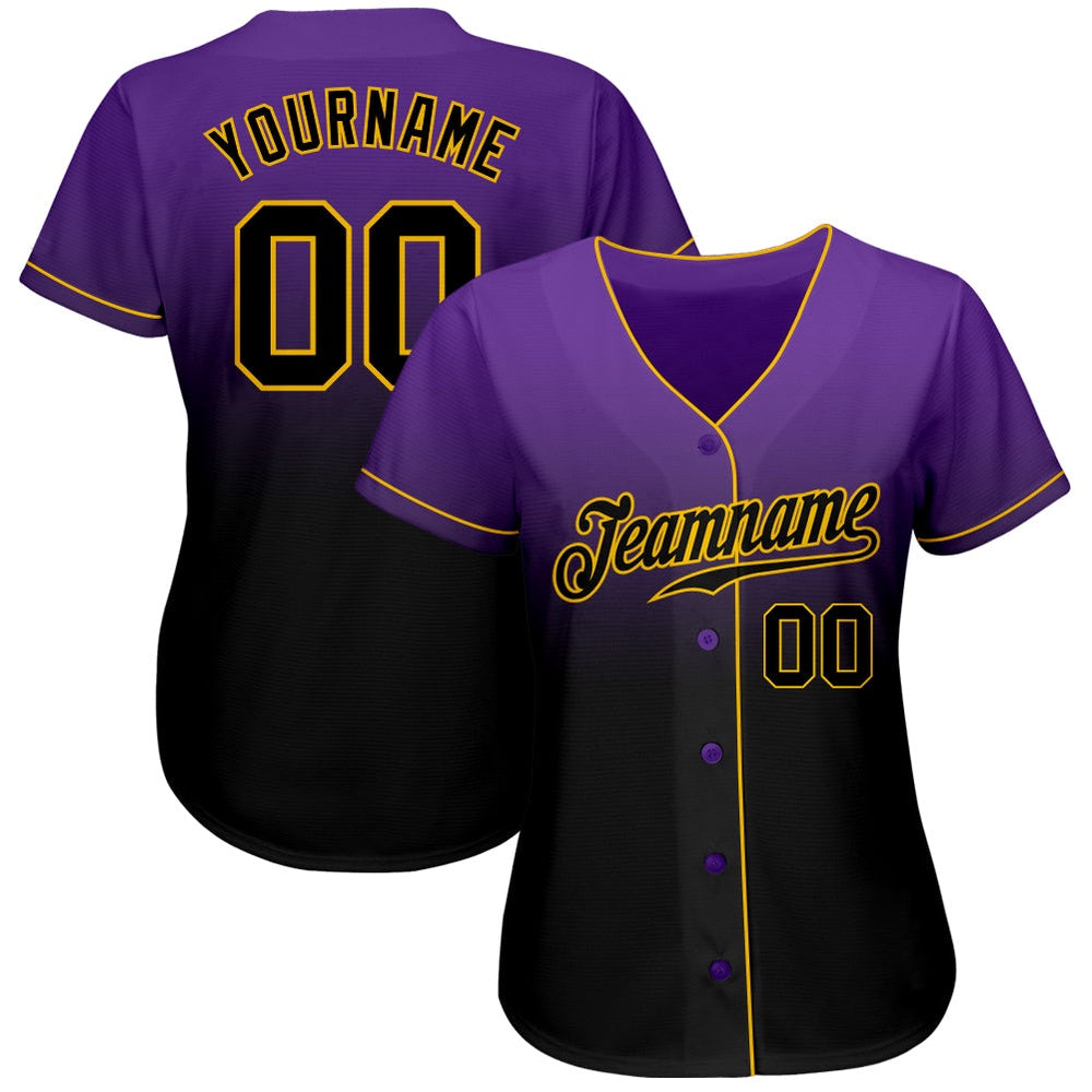 American Baseball Jersey, Custom Purple Black Gold Authentic Fade Fashion Baseball Jersey, Baseball Jersey Name