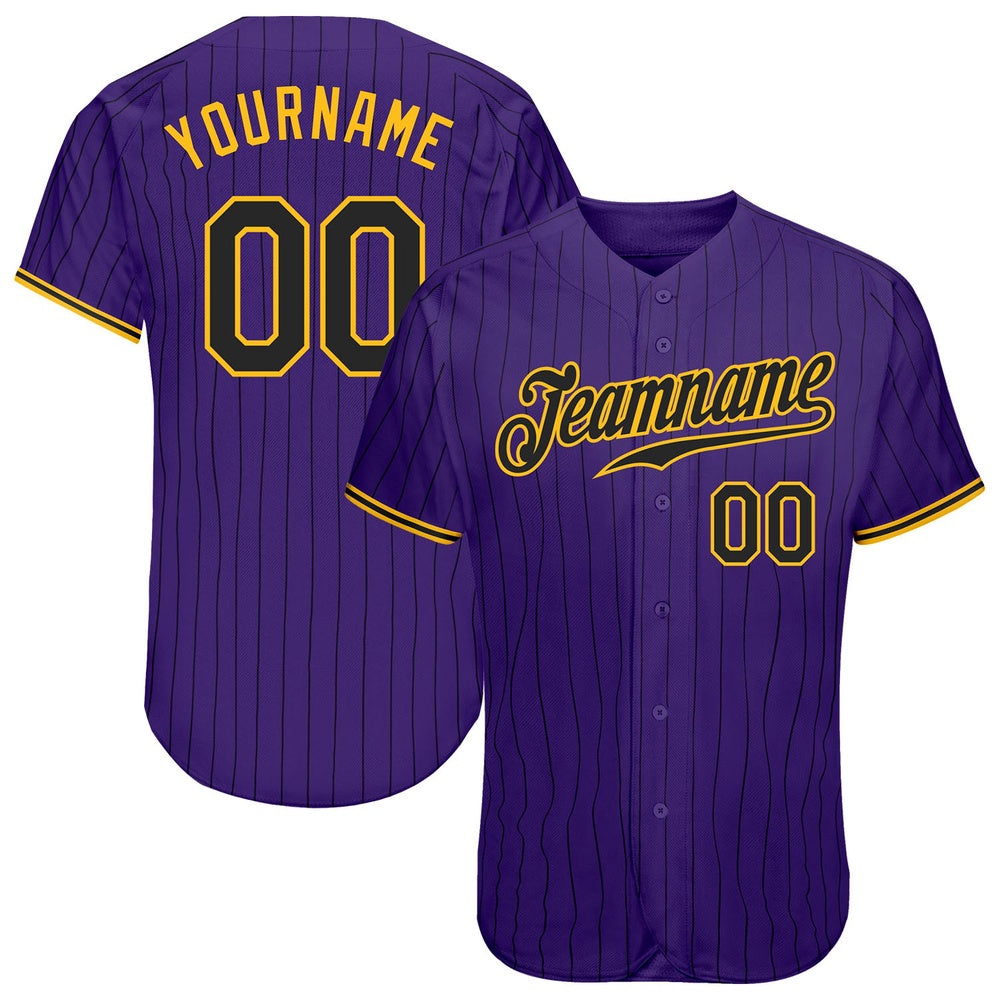 American Baseball Jersey, Custom Purple Black Pinstripe Black Gold Authentic Baseball Jersey, Baseball Jersey Name