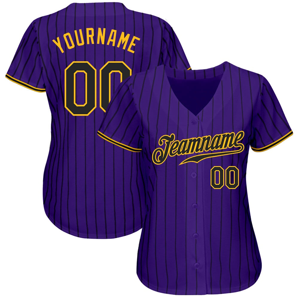 American Baseball Jersey, Custom Purple Black Pinstripe Black Gold Authentic Baseball Jersey, Baseball Jersey Name
