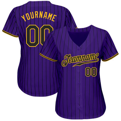 American Baseball Jersey, Custom Purple Black Pinstripe Black Gold Authentic Baseball Jersey, Baseball Jersey Name