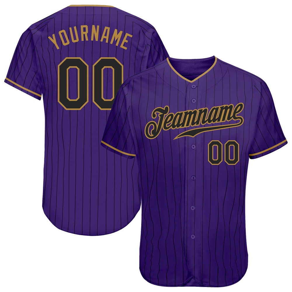 American Baseball Jersey, Custom Purple Black Pinstripe Black Old Gold Authentic Baseball Jersey, Baseball Jersey Name
