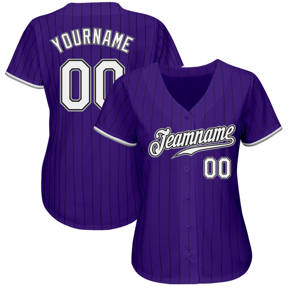 American Baseball Jersey, Custom Purple Black Pinstripe White Gray Authentic Baseball Jersey, Baseball Jersey Name