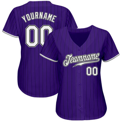 American Baseball Jersey, Custom Purple Black Pinstripe White Gray Authentic Baseball Jersey, Baseball Jersey Name