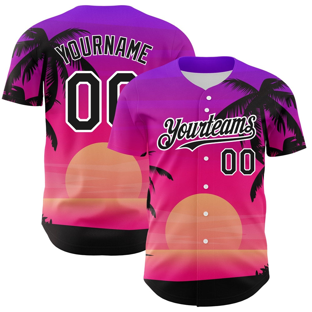 American Baseball Jersey, Custom Purple Black White 3D Pattern Design Beach Hawaii Palm Trees Authentic Baseball Jersey, Baseball Jersey Name