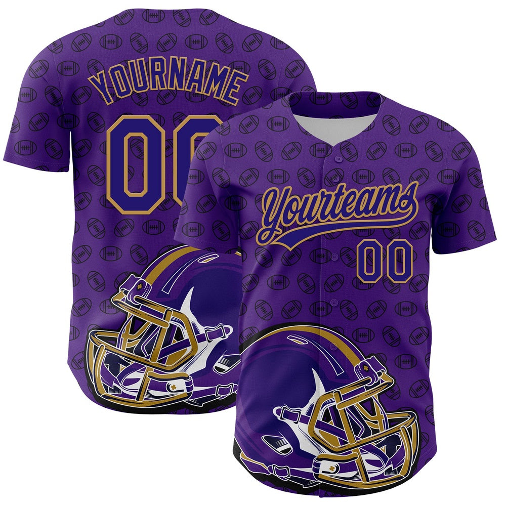 American Baseball Jersey, Custom Purple Dark Purple Old Gold 3D Pattern Design Football Helmet And Ball Authentic Baseball Jersey, Baseball Jersey Name