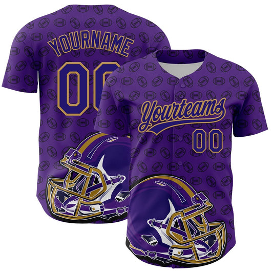 American Baseball Jersey, Custom Purple Dark Purple Old Gold 3D Pattern Design Football Helmet And Ball Authentic Baseball Jersey, Baseball Jersey Name