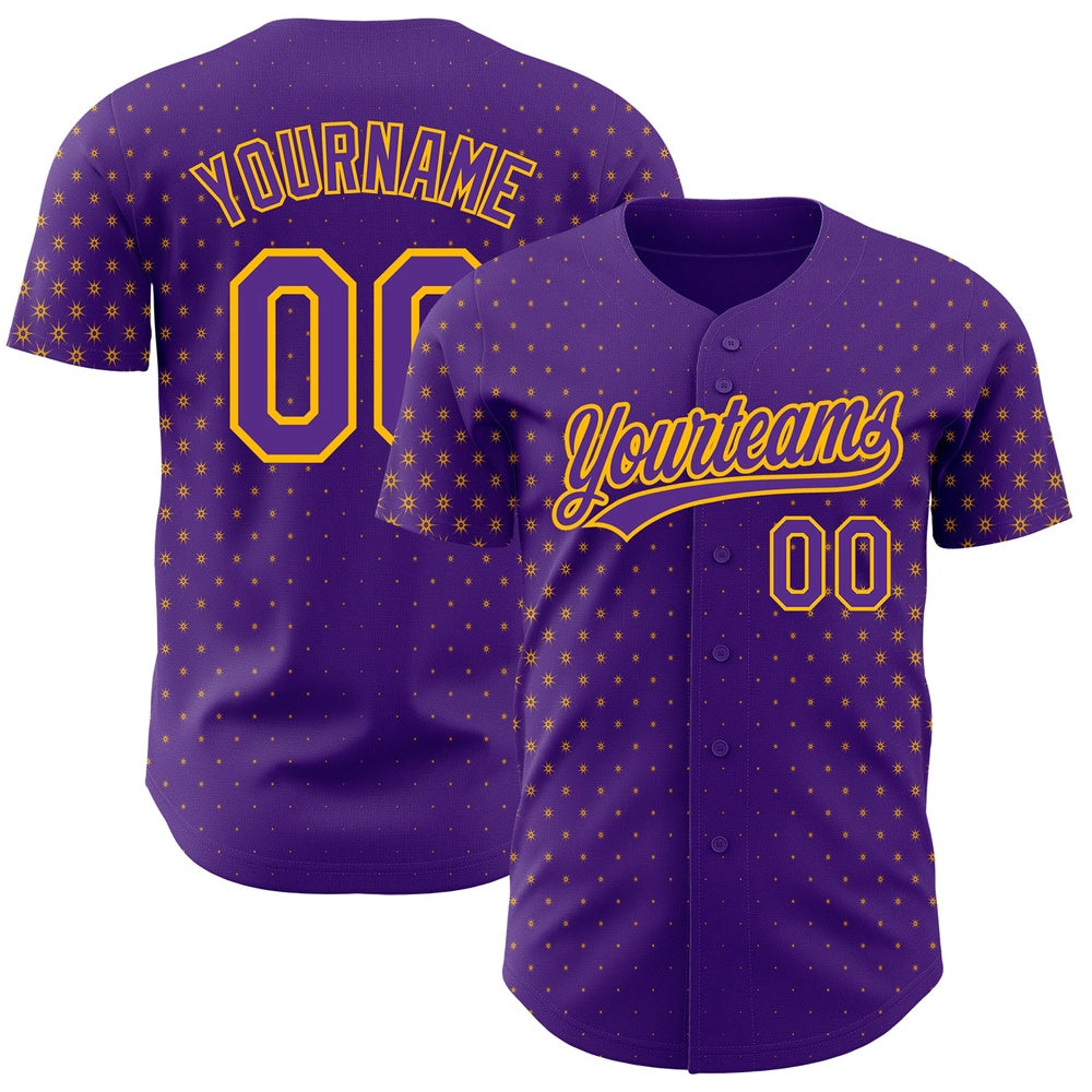American Baseball Jersey, Custom Purple Gold 3D Pattern Design Geometric Stars Authentic Baseball Jersey, Baseball Jersey Name