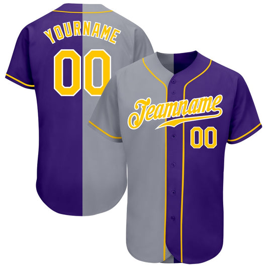 American Baseball Jersey, Custom Purple Gold Gray Authentic Split Fashion Baseball Jersey, Baseball Jersey Name