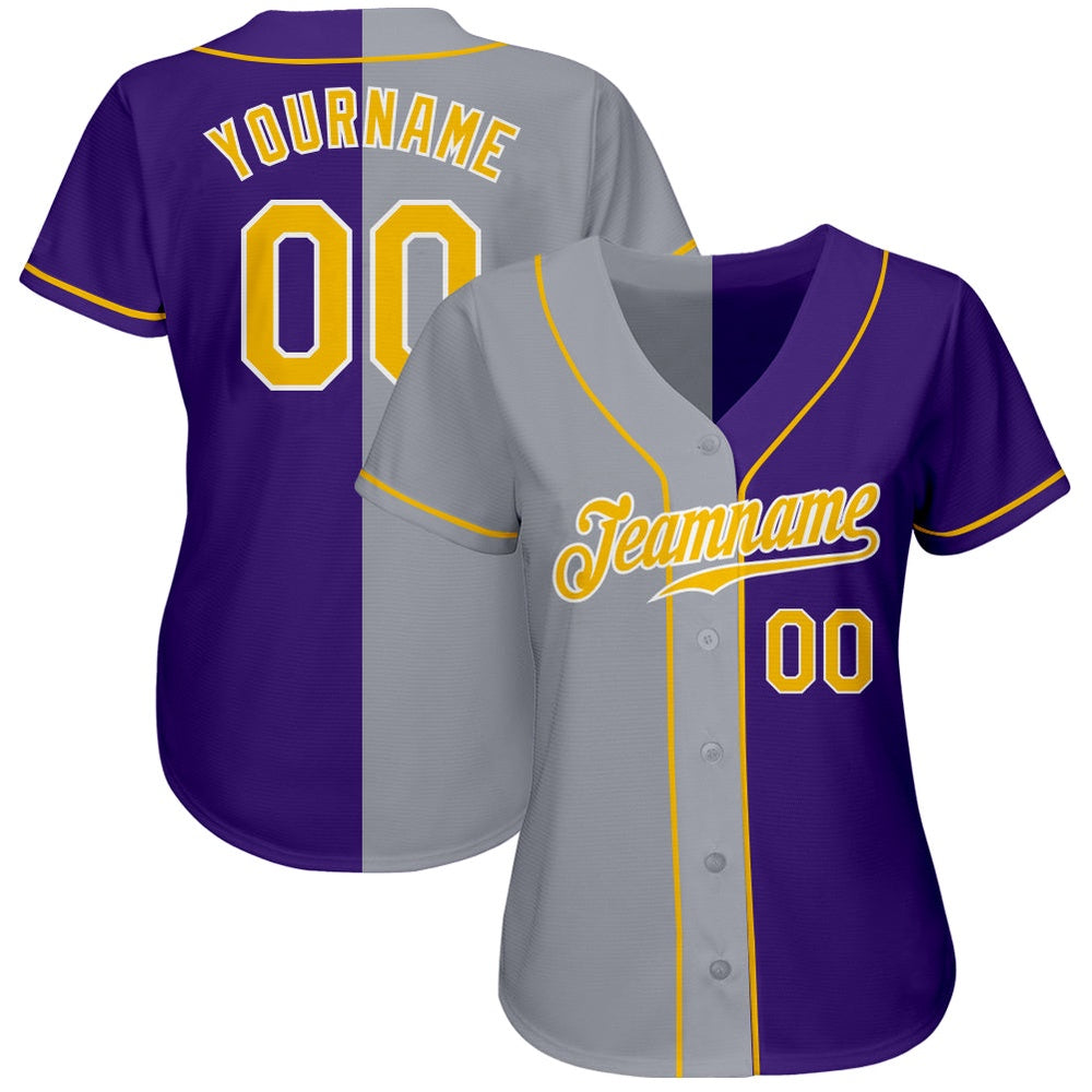 American Baseball Jersey, Custom Purple Gold Gray Authentic Split Fashion Baseball Jersey, Baseball Jersey Name