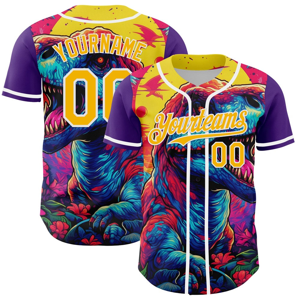 American Baseball Jersey, Custom Purple Gold White 3D Pattern Design Rave T Rex Authentic Baseball Jersey, Baseball Jersey Name