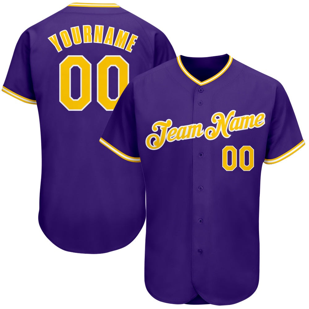 American Baseball Jersey, Custom Purple Gold White Authentic Baseball Jersey, Baseball Jersey Name