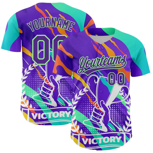 American Baseball Jersey, Custom Purple Pea Green 3D Pattern Design Champion Trophy Authentic Baseball Jersey, Baseball Jersey Name