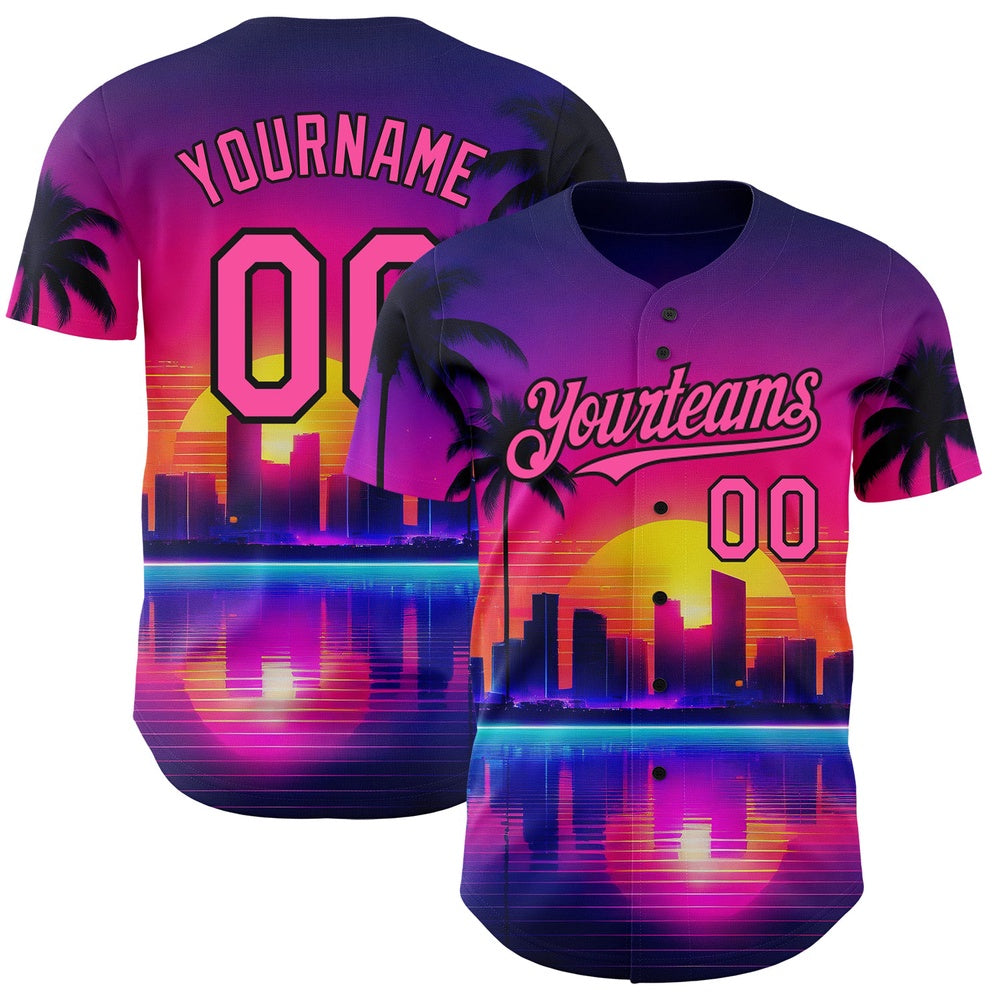 American Baseball Jersey, Custom Purple Pink Black 3D Miami Palm Trees City Edition Authentic Baseball Jersey, Baseball Jersey Name