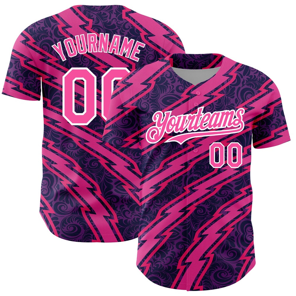American Baseball Jersey, Custom Purple Pink White 3D Pattern Design Zigzag Authentic Baseball Jersey, Baseball Jersey Name