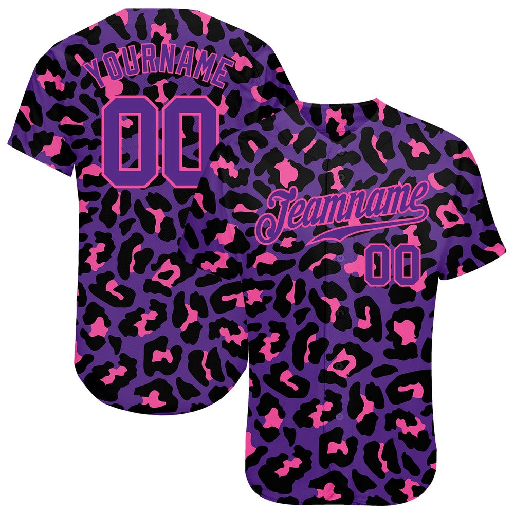 American Baseball Jersey, Custom Purple Purple Pink 3D Pattern Design Leopard Authentic Baseball Jersey, Baseball Jersey Name
