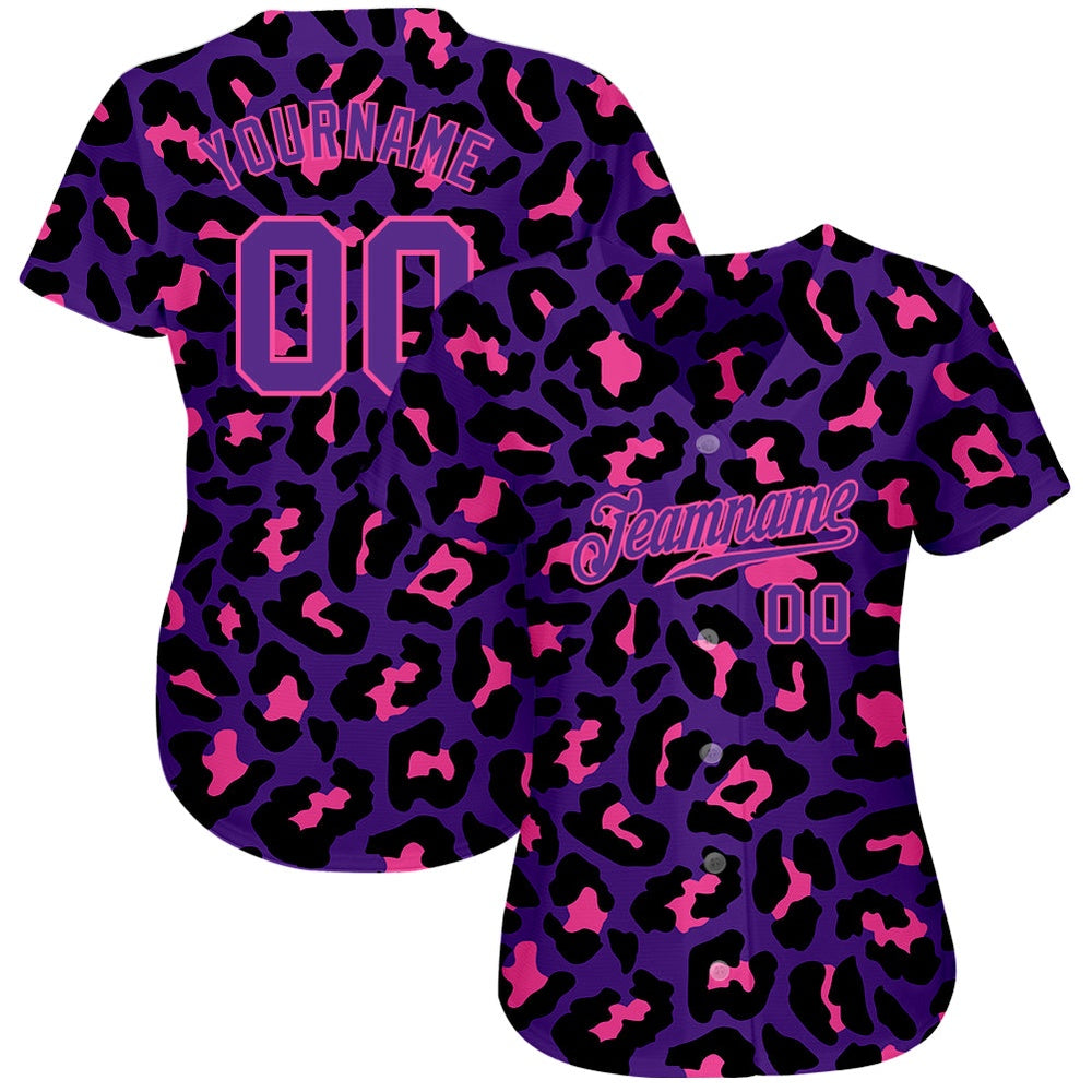American Baseball Jersey, Custom Purple Purple Pink 3D Pattern Design Leopard Authentic Baseball Jersey, Baseball Jersey Name