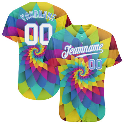 American Baseball Jersey, Custom Purple White Light Blue 3D Pattern Design Rainbow Spiral Authentic Baseball Jersey, Baseball Jersey Name