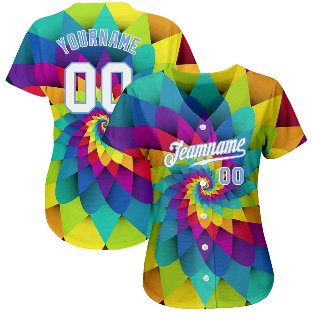 American Baseball Jersey, Custom Purple White Light Blue 3D Pattern Design Rainbow Spiral Authentic Baseball Jersey, Baseball Jersey Name