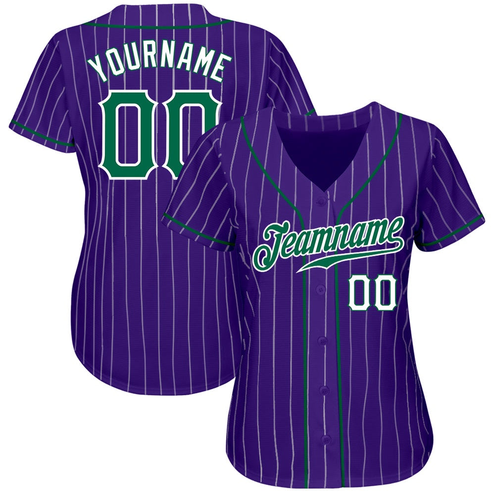 American Baseball Jersey, Custom Purple White Pinstripe Kelly Green White Authentic Baseball Jersey, Baseball Jersey Name