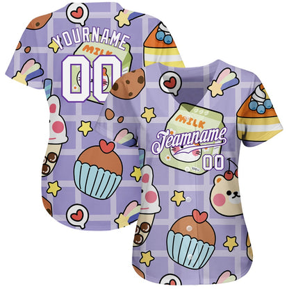 American Baseball Jersey, Custom Purple White Purple 3D Pattern Design Sticker Cartoons Authentic Baseball Jersey, Baseball Jersey Name