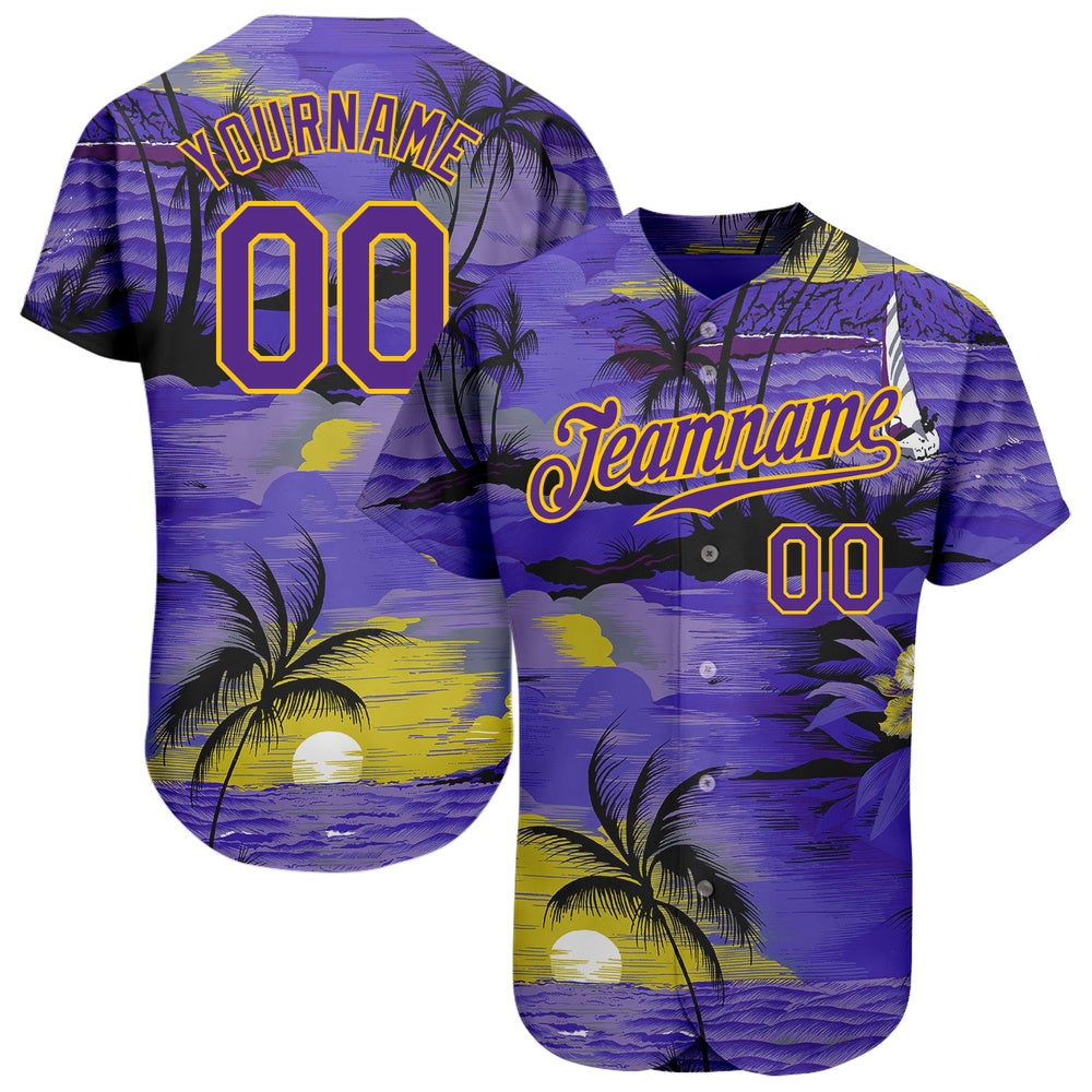 American Baseball Jersey, Custom Purple Yellow 3D Pattern Design Sun Beach Hawaii Palm Trees Authentic Baseball Jersey, Baseball Jersey Name