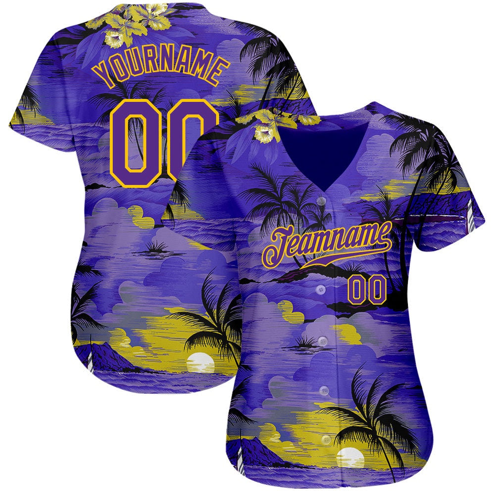 American Baseball Jersey, Custom Purple Yellow 3D Pattern Design Sun Beach Hawaii Palm Trees Authentic Baseball Jersey, Baseball Jersey Name