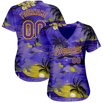 American Baseball Jersey, Custom Purple Yellow 3D Pattern Design Sun Beach Hawaii Palm Trees Authentic Baseball Jersey, Baseball Jersey Name
