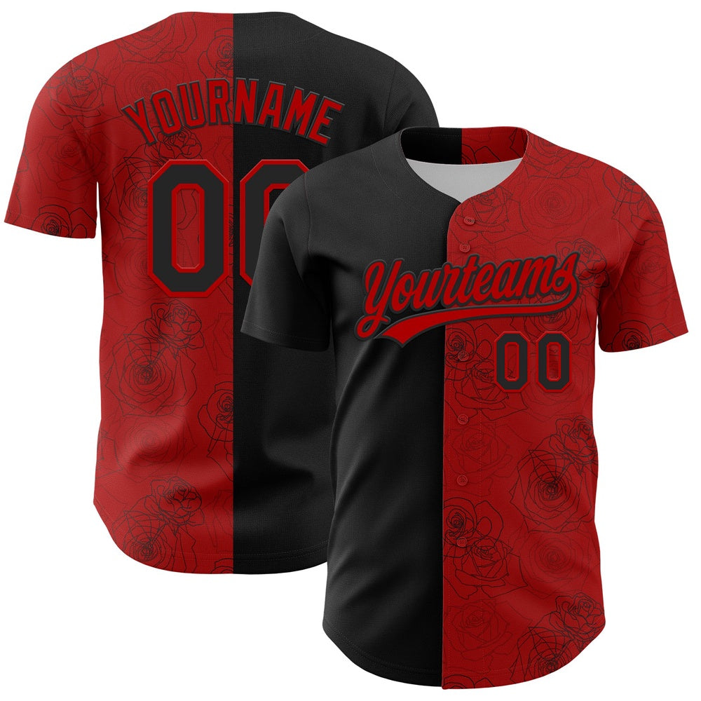 American Baseball Jersey, Custom Red Black 3D Pattern Design Gothic Style Rose Authentic Baseball Jersey, Baseball Jersey Name