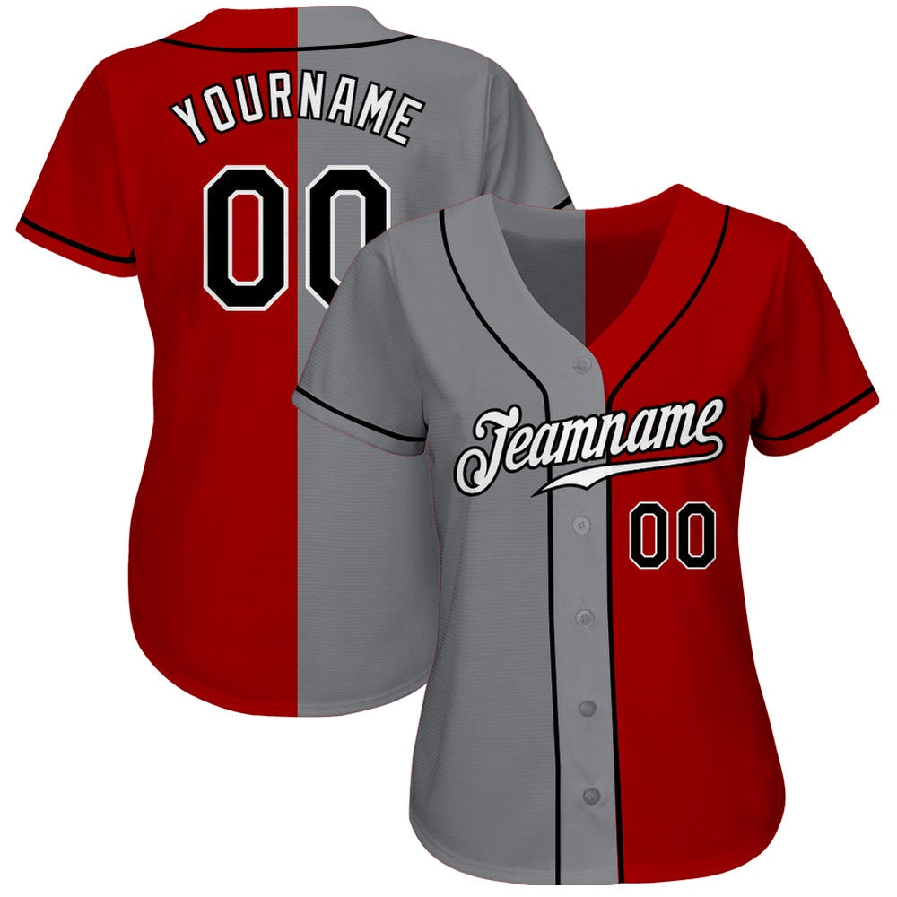 American Baseball Jersey, Custom Red Black Gray Authentic Split Fashion Baseball Jersey, Baseball Jersey Name