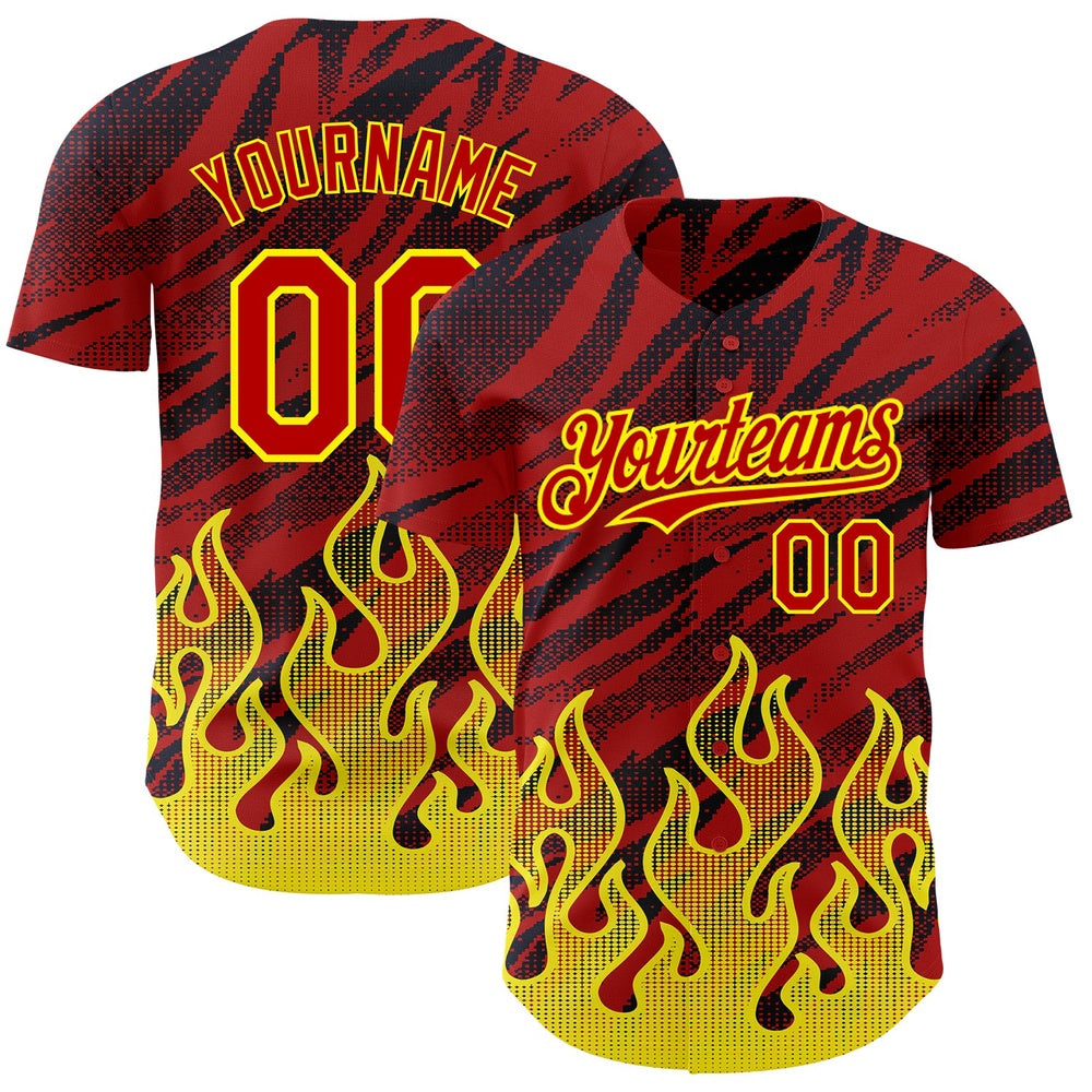 American Baseball Jersey, Custom Red Black Light Yellow 3D Pattern Design Flame Authentic Baseball Jersey, Baseball Jersey Name