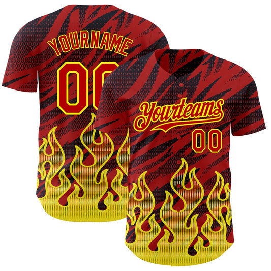 American Baseball Jersey, Custom Red Black Light Yellow 3D Pattern Design Flame Authentic Baseball Jersey, Baseball Jersey Name