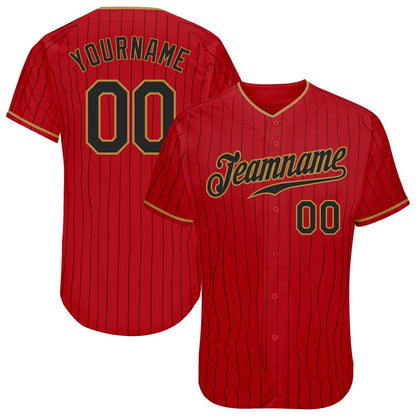 American Baseball Jersey, Custom Red Black Pinstripe Black Old Gold Authentic Baseball Jersey, Baseball Jersey Name