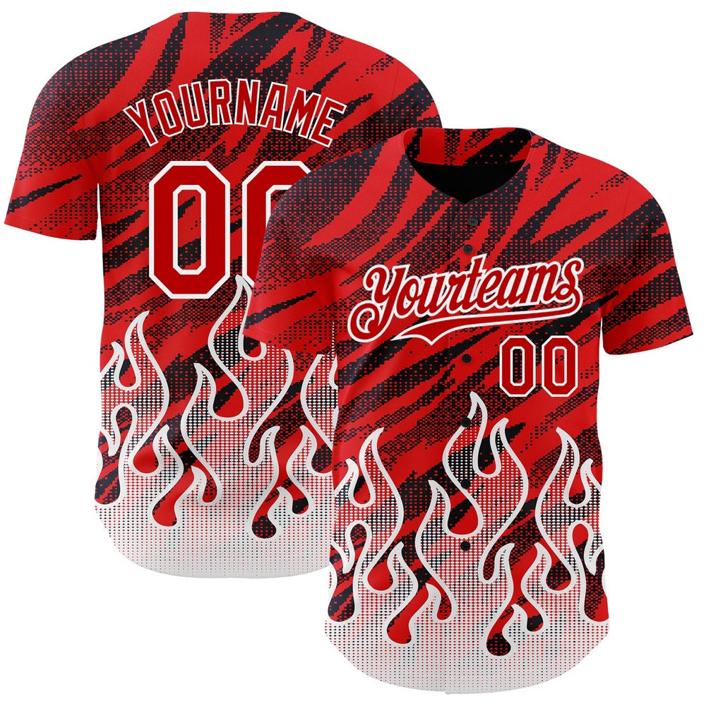 American Baseball Jersey, Custom Red Black White 3D Pattern Design Flame Authentic Baseball Jersey, Baseball Jersey Name