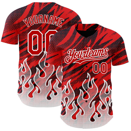 American Baseball Jersey, Custom Red Black White 3D Pattern Design Flame Authentic Baseball Jersey, Baseball Jersey Name