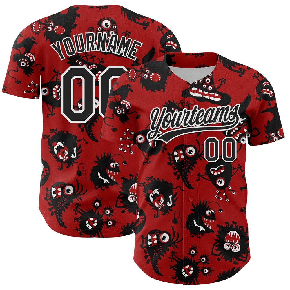 American Baseball Jersey, Custom Red Black White 3D Pattern Halloween Authentic Baseball Jersey, Baseball Jersey Name